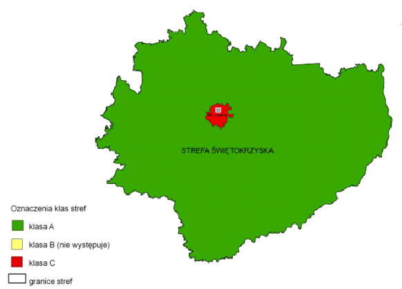 Mapa 3 Przekroczenia dobowych stężeń pyłu PM10 względem poziomu dopuszczalnego (50 μg/m 3 ) i względem dozwolonych 35 przekroczeń w roku na terenie województwa świętokrzyskiego w 2015 roku Źródło: