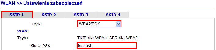 1.3. Bezpieczeństwo WLAN Przejdź do zakładki WLAN>>Ustawienia zabezpieczeń w panelu konfiguracyjnym routera. Poniżej ustawienia zgodne z założeniami przykładu 1.4.