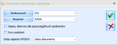 Po wyborze opcji Rozlicz pojawia się okno Parametry seryjnego rozliczania, na którym można określić kierunek dokumentu KP/KW, wskazać rejestr do którego będą generowane zapisy kasowe/bankowe,