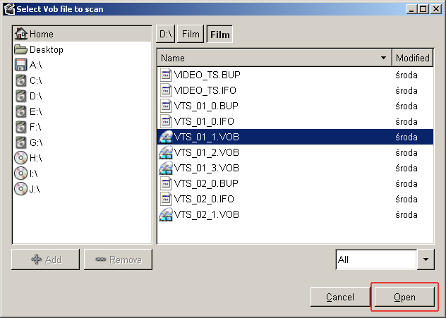 i w kolejnym oknie zaznaczamy pierwszy plik VOB i klikamy na przycisk Open. Następnie musimy wczytać plik IFO.