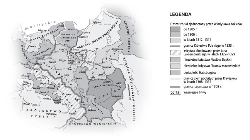 Na podstawie zamieszczonej mapy wykonaj zadania 5. i 6. 5. Wskład państwa Władysława Łokietka wchodziły tereny A. Pomorza Zachodniego. B. Prus. C. księstw śląskich. D. Małopolski. 6. Sąsiadującym z Polską państwem, którego władca rościł sobie prawo do korony polskiej, było A.