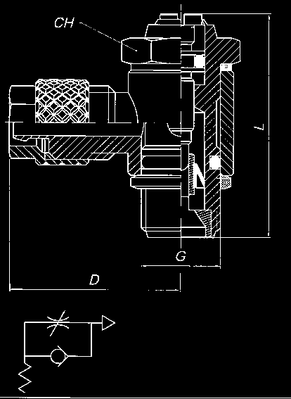 ZAWÓR DŁAWIĄCO - ZWROTNY WKRĘCANY DO PRZEWODÓW Z TWORZYW SZTUCZNYCH Z GWINTEM M5 DO G1/4 TYP I BANJO FLOW REGULATOR, SCREWDRIVER REGULATION, TYPE I G TUBE D L CH M5-6/4 16,5 24 8 80.5081.05.