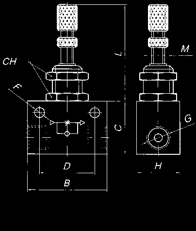 ZAWÓR DŁAWIĄCO-ZWROTNY PRZEWODOWY Z GWINTEM M5 DO G1/2 BANJO FLOW REGULATOR IN LINE CONNECTION, MANUAL REGULATION Schemat graficzny