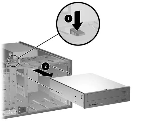 8. Wyjmij napęd z wnęki w następujący sposób: Aby wyjąć 5,25-calowy napęd optyczny z komputera w konfiguracji typu desktop, naciśnij żółtą blokadę (1), a