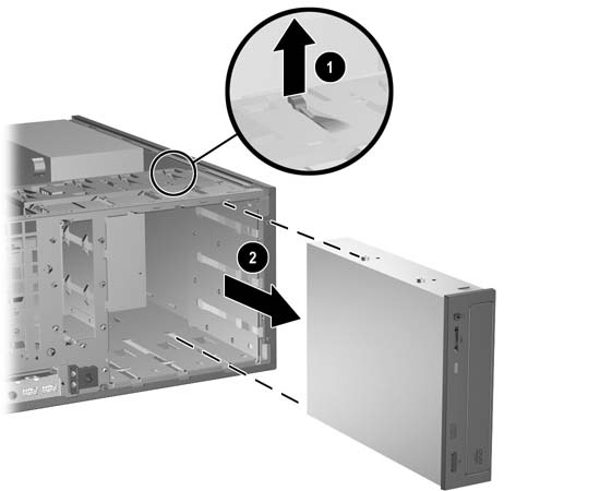 Rysunek 2-16 Wyjmowanie napędu 5,25 cala z komputera typu desktop (na rysunku przedstawiono napęd optyczny) Aby wyjąć napęd 3,5 cala lub napęd 5,25 cala z