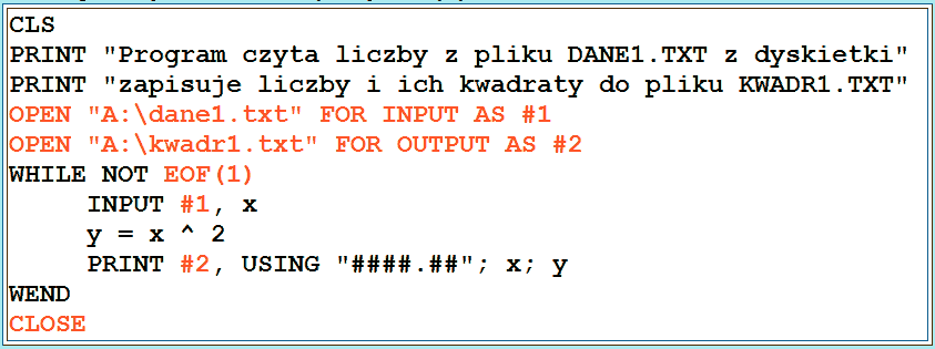 Pętla, instrukcja warunkowa, drukowanie do pliku dyskowego z formatowaniem CLS PRINT "Drukowanie wartości x, y do pliku WYNIKI.