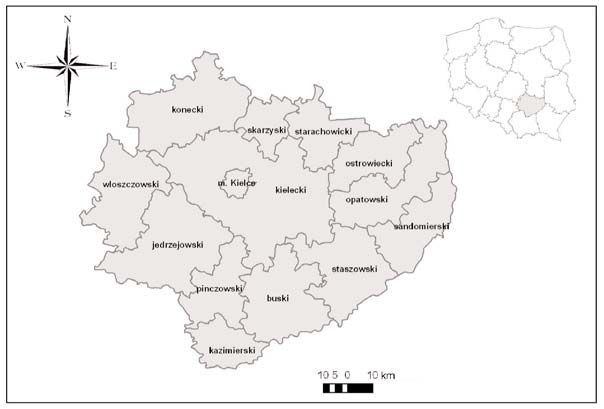 150 Ryc. 1. Położenie i podział województwa świętokrzyskiego na powiaty Fig. 1. Location and distribution of Swiętokrzyskie Voivodeship on powiats Obiekty i miejsca noclegowe W Kielcach w 1995 r.