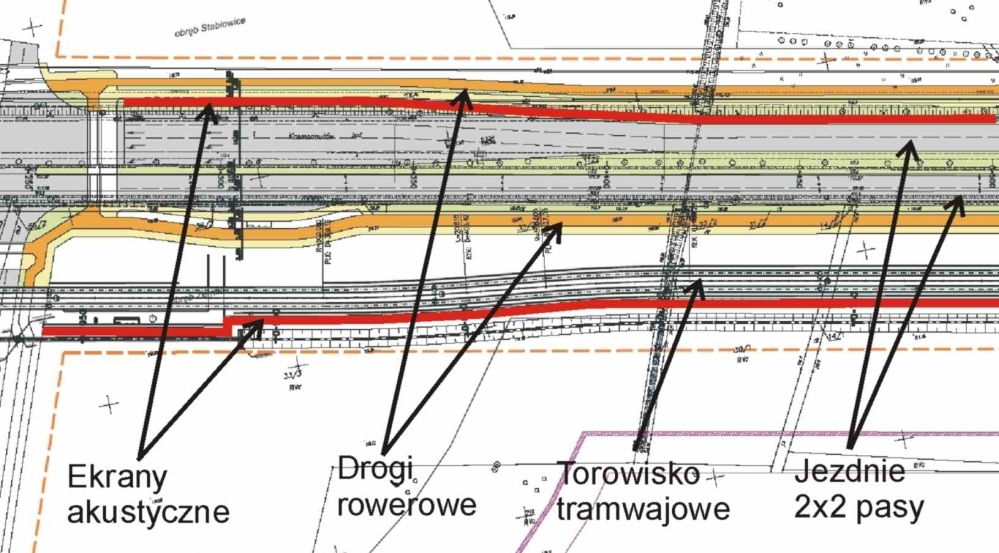 8b. Ulica Kosmonautów 1. Pieszy i rowerzysta znajdzie się w akustycznej klatce hałas z jezdni i torowiska wzmacniany zostanie ekranami akustycznymi po obu stronach. 2.