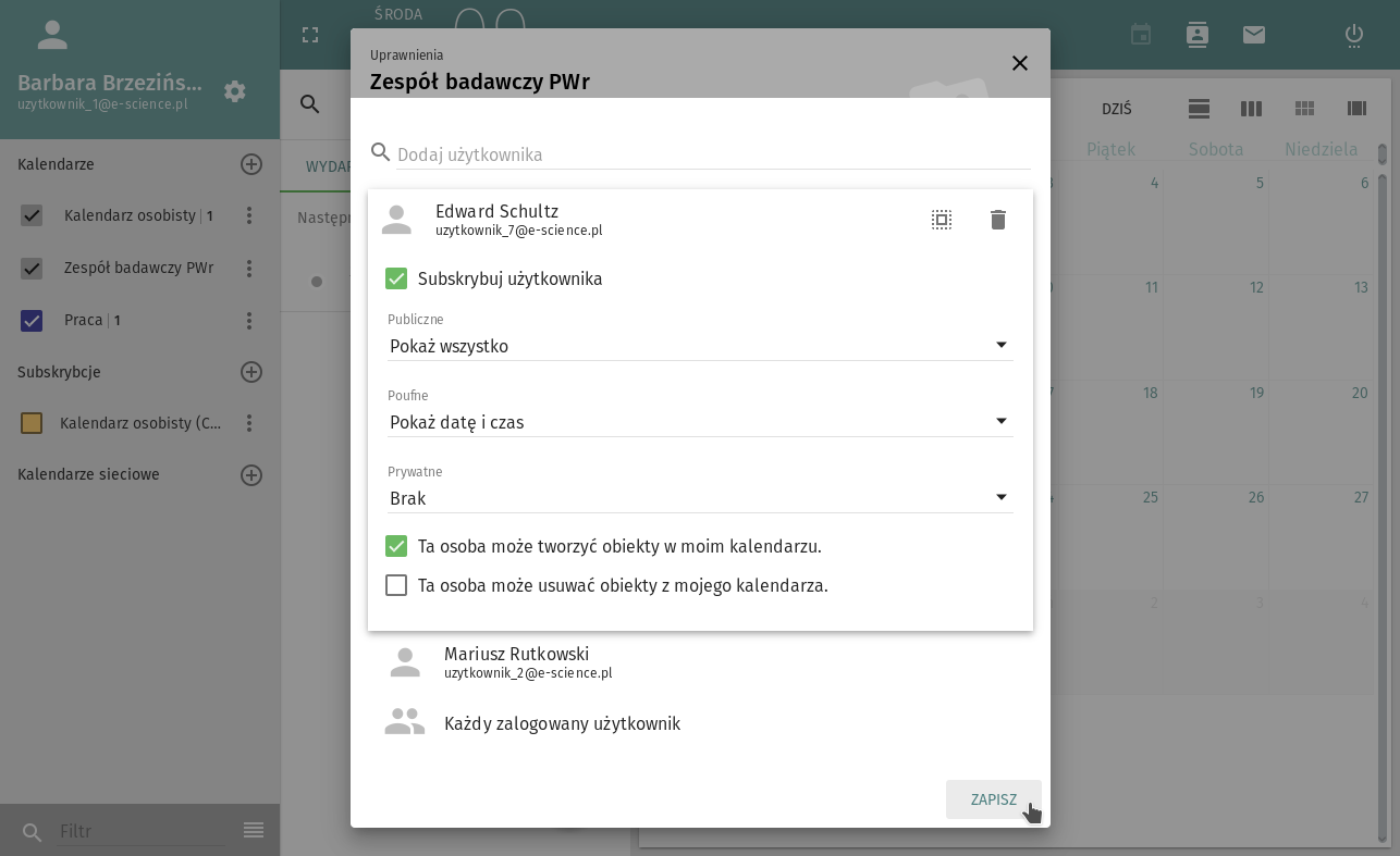 5). Rys. 2.5: Wybór użytkowników którym udostępniony będzie kalendarz.