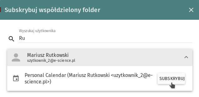 2.1 Korzystanie z Kalendarza 2.1.5 Subskrypcje kalendarza Aby subskrybować kalendarz innego użytkownika platformy należy kliknąć ikonę plusa, znajdującą się w panelu bocznym przy pozycji Subskrypcje.