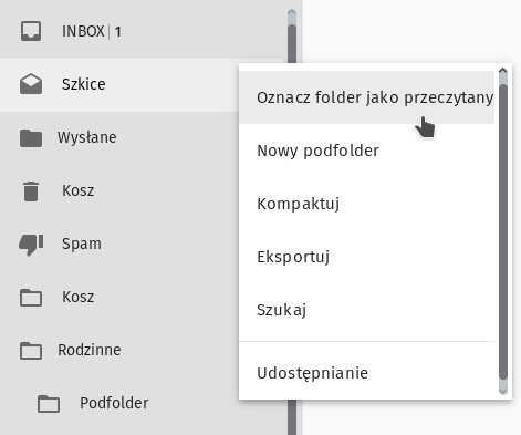 3 Poczta Rys. 3.10: Menu operacji na folderach. Organizacja listy wiadomości Menu dostępne w liście wiadomości (środkowy panel usługi Poczta) pozwala na (rys. 3.11): wyszukiwanie wiadomości wewnątrz folderu z uwagi na wybrane pola, m.