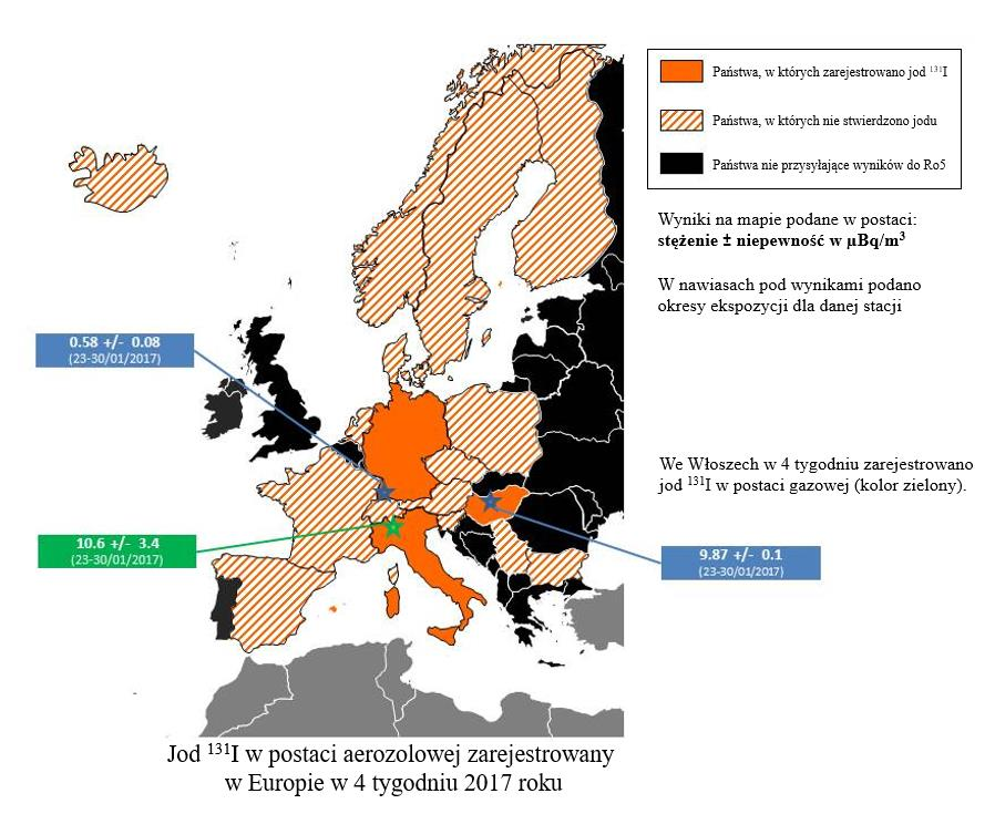 TYDZIEŃ 4: W czwartym tygodniu 2017 roku zarejestrowano jod 131 I w południowej części Niemiec na poziomie 0,58 ± 0,08 µbq/m 3, mogły to być pozostałości mas powietrza przemieszczających się nad