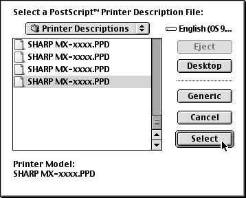 MAC OS 9.0-9.2.2 10 Wybierz plik PPD. 13 Wybierz konfigurację urządzenia. (1) (2) (1) 11 12 (1) Kliknij plik PPD odpowiedni dla danego modelu urządzenia. (2) Kliknij przycisk [Select].