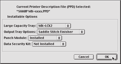 (2) Wybierz plik PPD odpowiedni dla danego modelu urządzenia i kliknij przycisk [Open]. (3) Kliknij przycisk [OK].