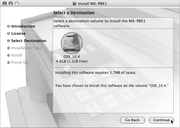 MAC OS X 7 Pojawi się okno umowy licencyjnej. Zapoznaj się z nią, a następnie kliknij przycisk [Continue]. Pojawi się prośba o potwierdzenie zgody na warunki umowy licencyjnej.