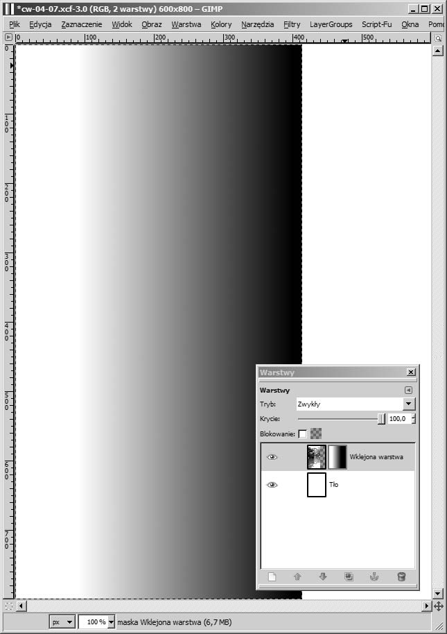 134 GIMP wiczenia praktyczne Rysunek 4.24. Gradient umieszczony na masce warstwy Ikona maski warstwy reaguje na klikni cie. O stanie, w jakim znajduje si maska, informuje kolor obramowania ikony.