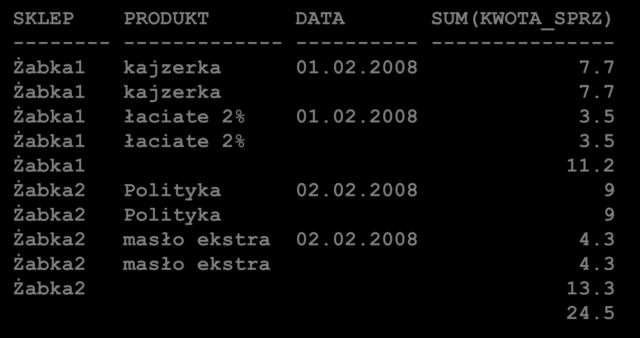 Optymalizacja GROUP BY GROUP BY ROLLUP (sklep, produkt, data) GROUP BY sklep, produkt, data GROUP BY sklep, produkt GROUP BY sklep GROUP BY () SKLEP PRODUKT DATA SUM(KWOTA_SPRZ) --------