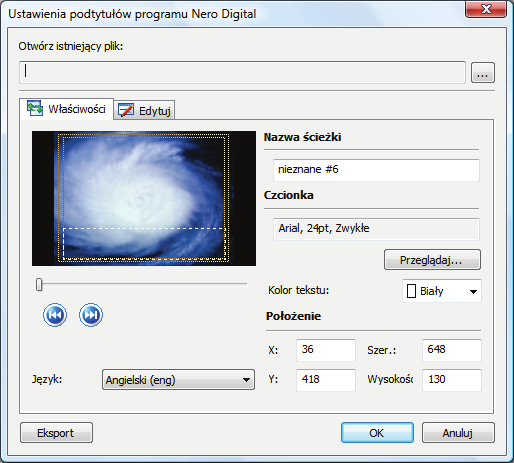 Przekodowywanie płyty DVD do Nero Digital Dostępne są następujące opcje ustawień: Okno Ustawienia napisów formatu Nero Digital Otwórz istniejący plik Eksport Otwiera okno.