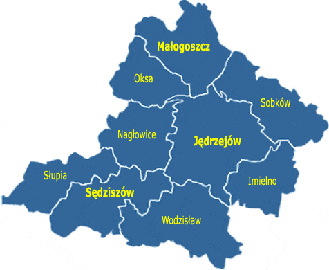 Sąsiadujące jednostki administracyjne to: należące do powiatu jędrzejowskiego: gmina Oksa, miasto i gmina Małogoszcz, gmina Sobków, gmina Imielno, gmina Wodzisław, miasto i gmina Sędziszów, gmina