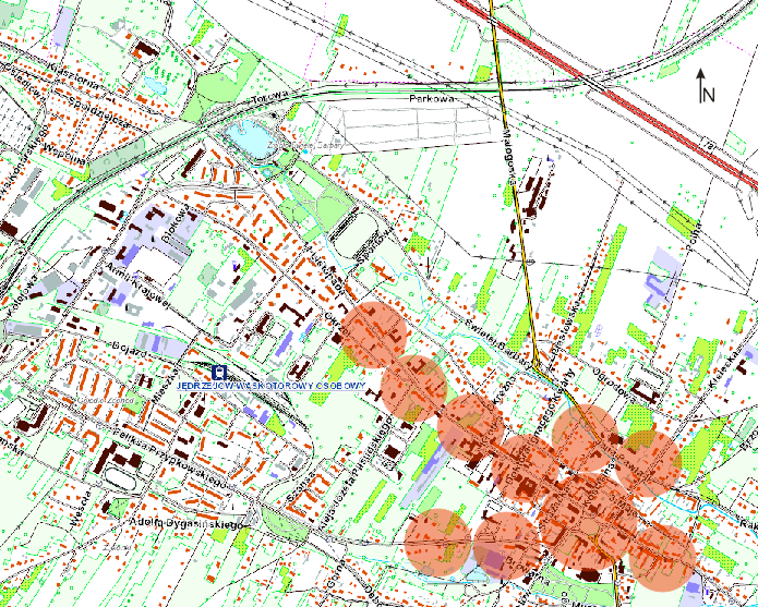 Rysunek 9. Kumulacja negatywnych czynników społecznych na terenie miasta Jędrzejów (opracowanie własne, podkład: http://geoserwis.gdos.gov.