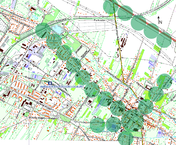 Rysunek 10. Kumulacja negatywnych czynników środowiskowych na terenie miasta Jędrzejów (opracowanie własne, podkład: http://geoserwis.gdos.gov.