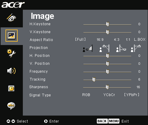 Elementy sterowania Image (Obraz) (tryb Computer/ Video) Funkcje H. Position (Pozycja pozioma), V. Position (Pozycja pionowa) oraz Frequency (Częstotliwość) nie są obsługiwane w trybie DVI oraz Video.