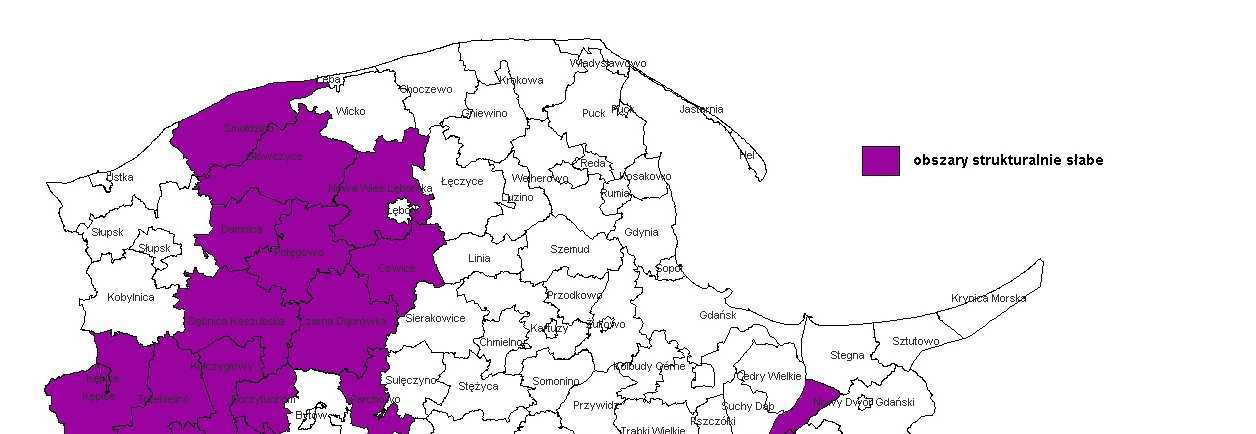 Mapa 2 Obszary strukturalnie słabe Źródło: Urząd Marszałkowski Województwa Pomorskiego Zbyt mała gęstość rozlokowania końcowych urządzeń dystrybucyjnych DSLAM na obszarach wiejskich powoduje, że sieć