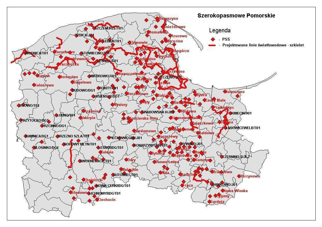 Przebiegi nowo budowanej sieci optotelekomunikacyjnej warstwy szkieletowej zilustrowano na poniższym rysunku.