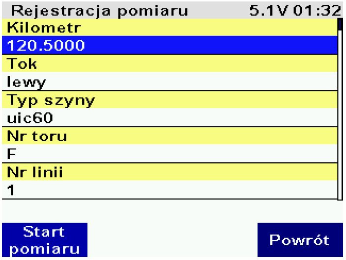 OBSŁUGA PROFILOMIERZA: ZMONTOWANIE POMIAR: ustawienie urządzenia na torze i włączenie (PWR) wprowadzenie danych opisujących pomiar (F1): kilometr, tok, typ szyny, nr toru, nr linii, nazwa