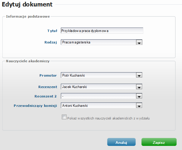 Edycja pracy dyplomowej Operator systemu ASAP posiada możliwość: wprowadzenia zmian w tytule pracy, zmiany rodzaju pracy, zmiany promotora, zmiany recenzenta, zmiany drugiego recenzenta. Rysunek 5.