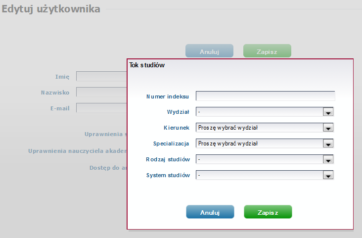 system studiów (wybór z rozwijalnej listy). Wypełnienie wszystkich pozycji z wyjątkiem specjalizacji jest obowiązkowe. Rysunek 9.