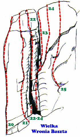 20. Filarek Bały, VI-, TR - Marian Bała (1962), RP - Witold Sas-Nowosielski (1971). 21. Ścianką na lewo od komina, V+, Marian Bała, Andrzej Skrzyński (ok. 1968). 22.