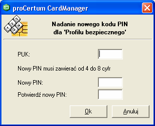 Rysunek 2.2.5 Zakładka Profil bezpieczny Aplikacja poprosi o kod PUK oraz ustalenie nowego kodu PIN (rys. 2.2.6). Nowy kod PIN należy potwierdzić.