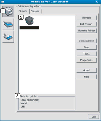 Korzystanie z programu Unified Driver Configurator w systemie Linux 11 Printers configuration 3 Wyświetla stan, nazwę modelu i URI dla urządzenia.