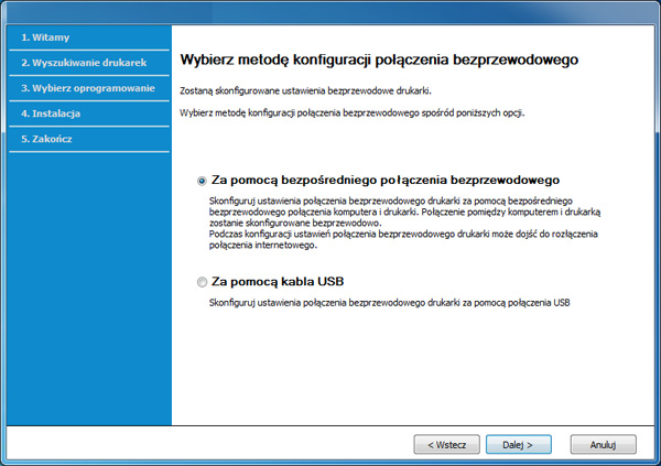Konfiguracja sieci bezprzewodowej 6 Wybierz opcję Za pomocą bezpośredniego połączenia bezprzewodowego na ekranie Wybierz metodę konfiguracji połączenia bezprzewodowego. Następnie kliknij Dalej.
