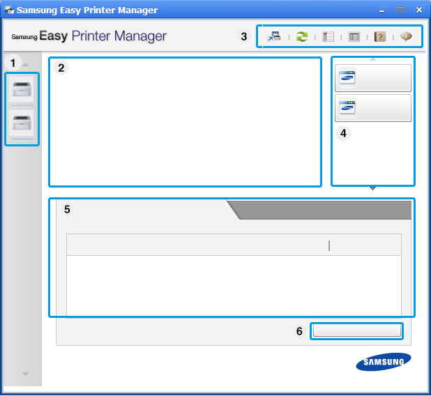 Korzystanie z aplikacji Samsung Easy Printer Manager Informacje o aplikacji Obejmuje łącza do zmian zaawansowanych ustawień (przełączanie interfejsu użytkownika), odświeżania, ustawień preferencji,