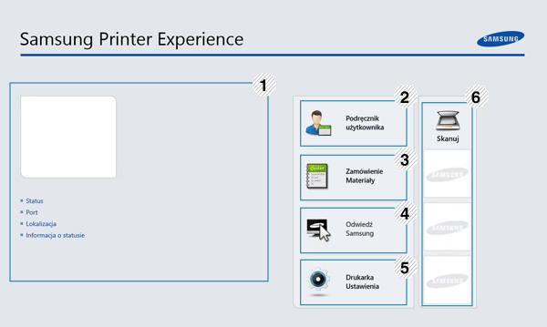 Korzystanie z aplikacji Samsung Printer Experience Aplikacja Samsung Printer Experience to aplikacja firmy Samsung, która łączy w jednym miejscu ustawienia urządzenia Samsung i zarządzanie