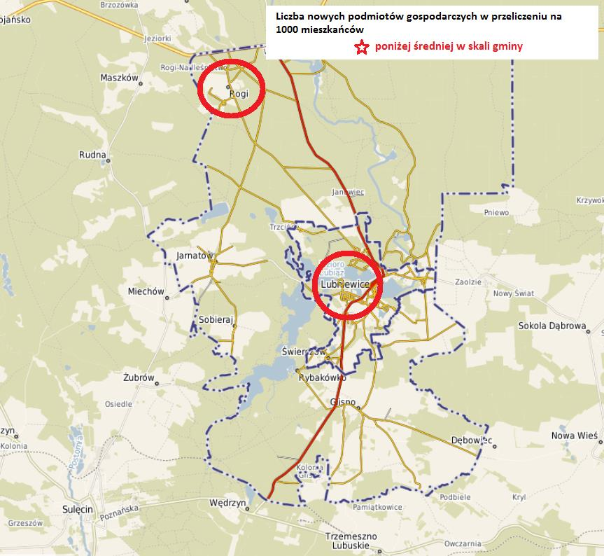 Rysunek 7. Obszary o niższej od średniej liczbie nowych podmiotów gospodarczych w stosunku do całości gminy Źródło: opracowanie własne na podstawie danych Urzędu Gminy Lubniewice oraz www.