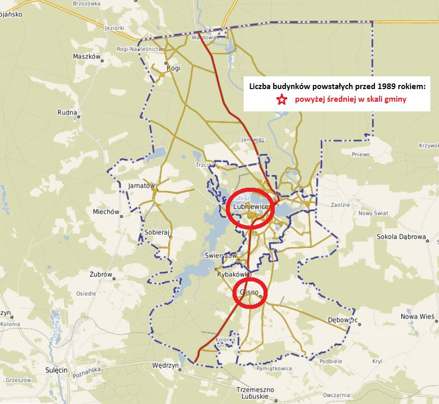 Rysunek 9. Obszar, na którym w skali gminy większość infrastruktury mieszkaniowej powstało przed 1989 rokiem Źródło: opracowanie własne na podstawie danych Urzędu Gminy Lubniewice oraz www.