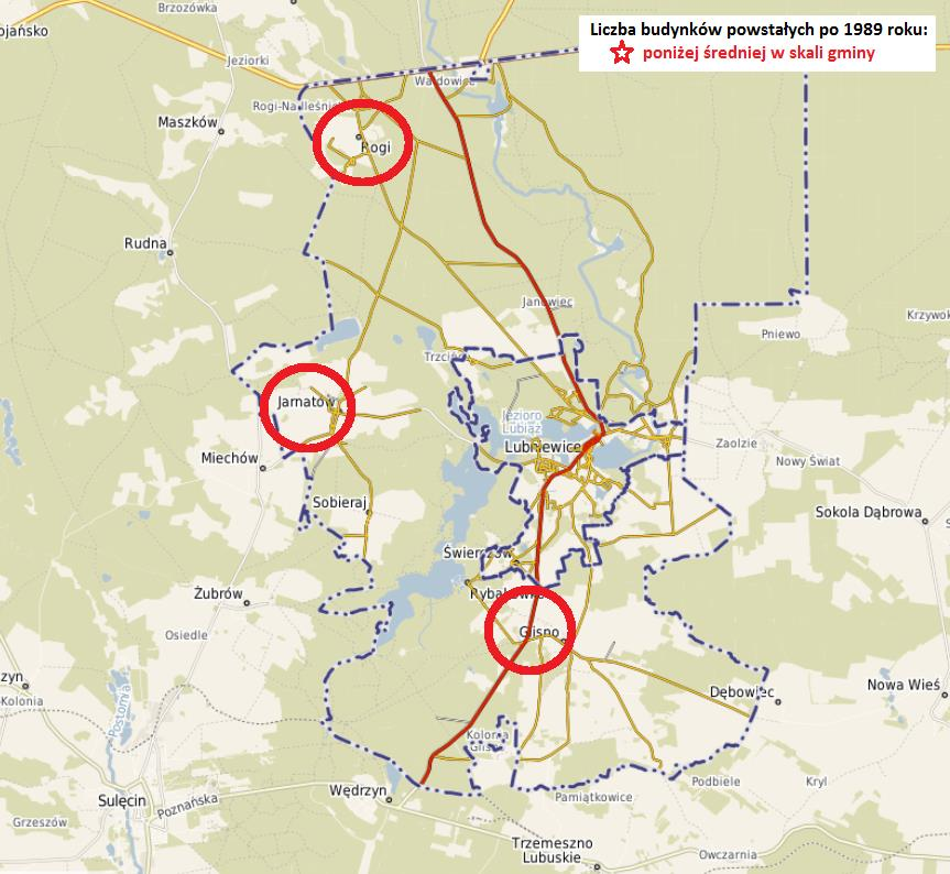 Rysunek 11. Obszary, na których liczba budynków powstałych po 1989 roku jest niższa od średniej w skali gminy Źródło: opracowanie własne na podstawie danych Urzędu Gminy Lubniewice oraz www.