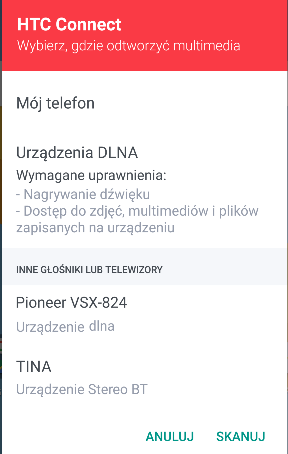 167 Udostępnianie w sieci bezprzewodowej Używanie aplikacji HTC Connect do udostępniania multimediów Przed rozpoczęciem należy upewnić się, że skonfigurowano połączenie głośników, telewizora lub