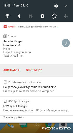 43 Pierwszy tydzień korzystania z nowego telefonu Panel powiadomień Ikony powiadomień informują o nowych wiadomościach, wydarzeniach kalendarzowych, alarmach oraz trwających czynnościach, np.