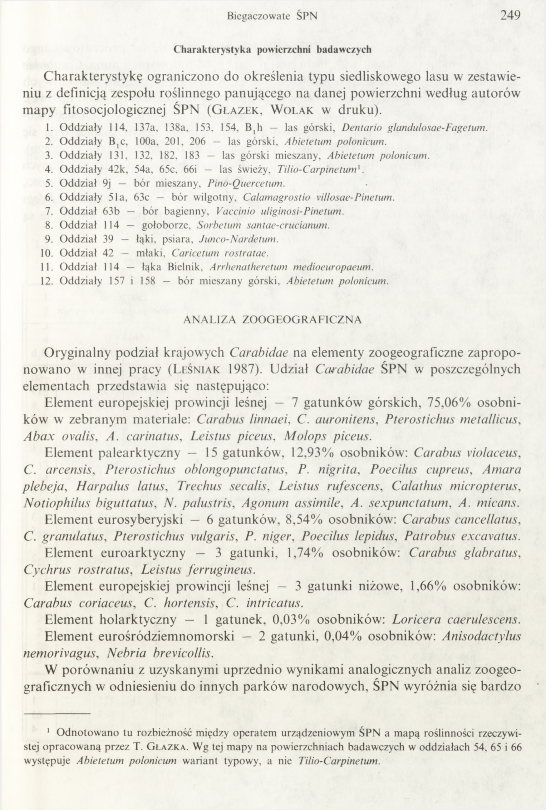 B icgaczow ate ŚPN 249 C harakterystyka powierzchni badawczych Charakterystykę ograniczono do określenia typu siedliskowego lasu w zestawieniu z definicją zespołu roślinnego panującego na danej