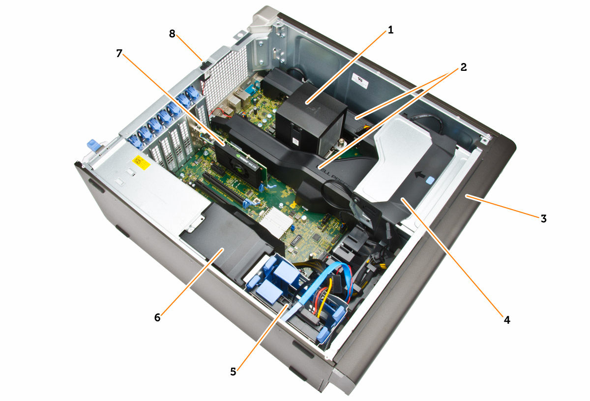 Rysunek 2. Widok wnętrza komputera T5810 1. radiator ze zintegrowanym wentylatorem 2. osłony modułów pamięci 3. osłona przednia 4.