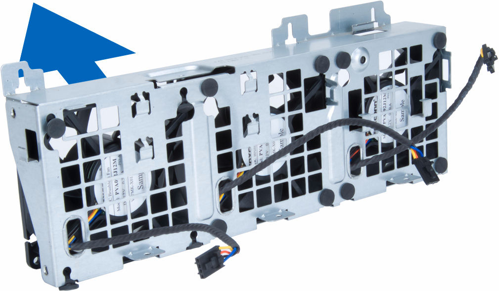 Podłącz kable wentylatora systemowego do złączy na płycie systemowej. 5. Ułóż kable wentylatora systemowego wychodzące z otworu w module wentylatora systemowego w kierunku płyty systemowej. 6.