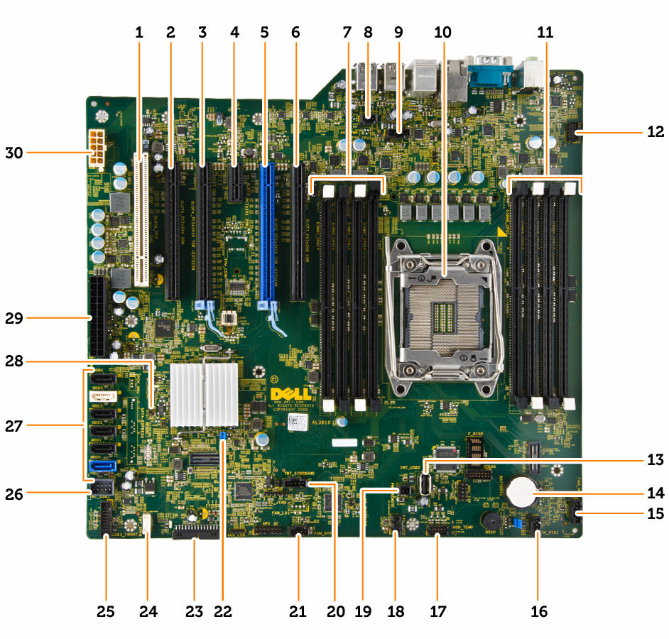 1. gniazdo PCI (slot 6) 2. gniazdo PCIe x16 (PCIe 2.0 podłączone jako x4) (slot 5) 3. gniazdo PCIe 3.0 x16 (slot 4) 4. gniazdo PCIe 2.0 x1 (slot 3) 5. gniazdo PCIe 3.0 x16 (slot 2) 6.