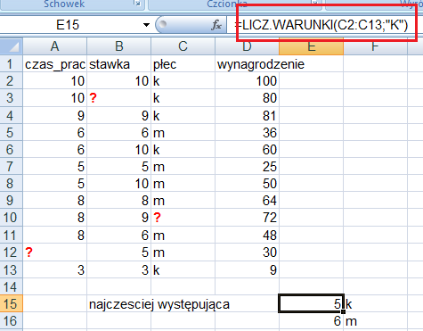 tekstu brak Metoda znajdowania wartości najczęściej