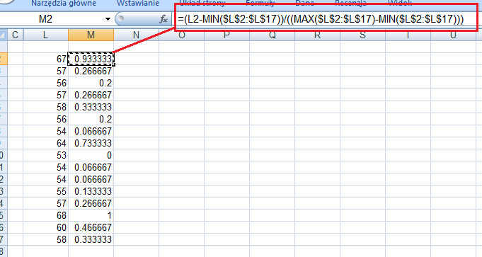 Zakładając, że mamy znormalizować następującą kolumnę (L).