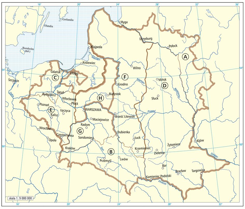 Na podstawie mapy wykonaj zadania od 12. do 14. Zadanie 12. (0 3) Wypisz z mapy litery przyporządkowane ziemiom utraconym przez Rzeczpospolitą w III rozbiorze na rzecz: a) Austrii, b) Rosji, c) Prus.