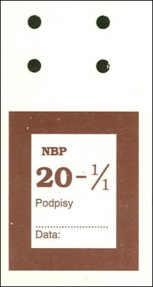 Załącznik nr 5 Wzór przywieszki do worka przesyłkowego zawierającego banknoty nadające się do obiegu Objaśnienia: 1) wzór podaje przykładową wartość nominalną; 2) przywieszka o wymiarach 110 mm 57